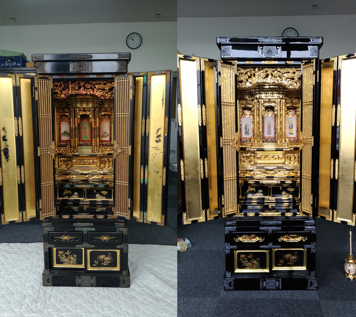 仏壇のお洗濯 Before/After比較 - 左が施工前、右が施工後。全体が新品同様に復元