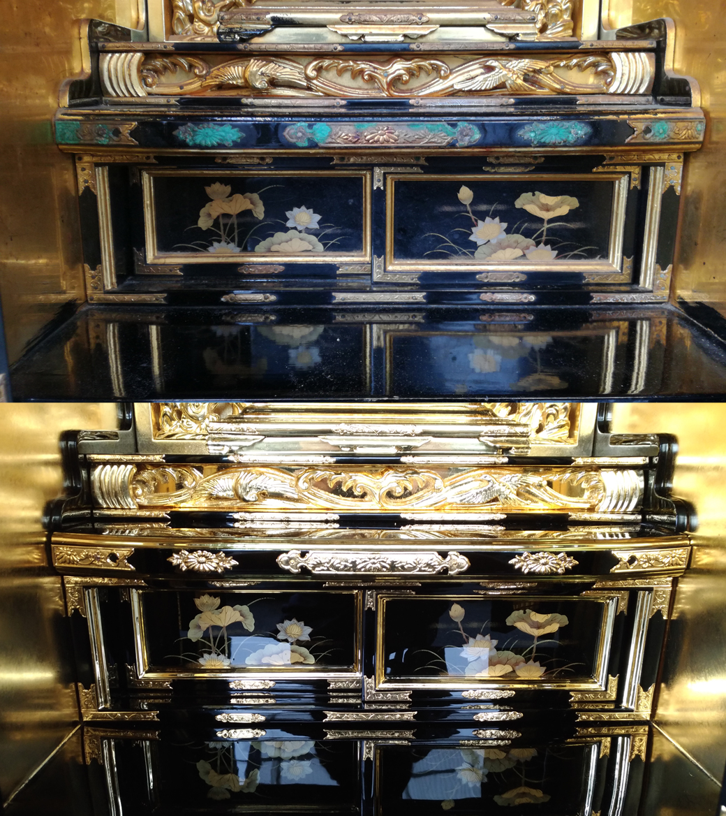 麗光堂の仏壇お洗濯 施工前と施工後の比較 内陣の金箔と漆が美しく蘇った仕上がり